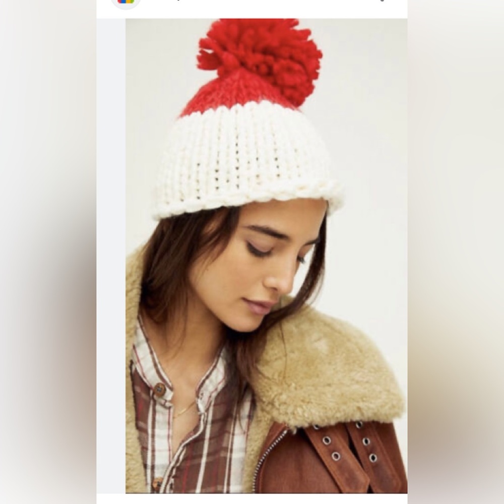 FREE PEOPLE NWT Cozy Up chunky knit Pom Beanie Hat in Red/Ivory - Picture 1 of 5